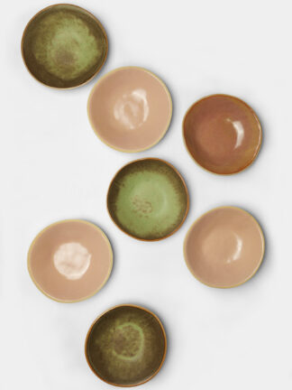 Coupelles artisanales en grès émaillé – rose lacté, vert nickel, noisette